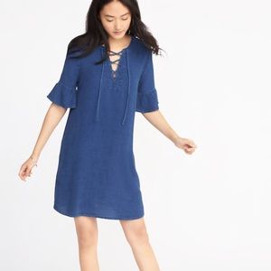 Lace up denim/chambray dress